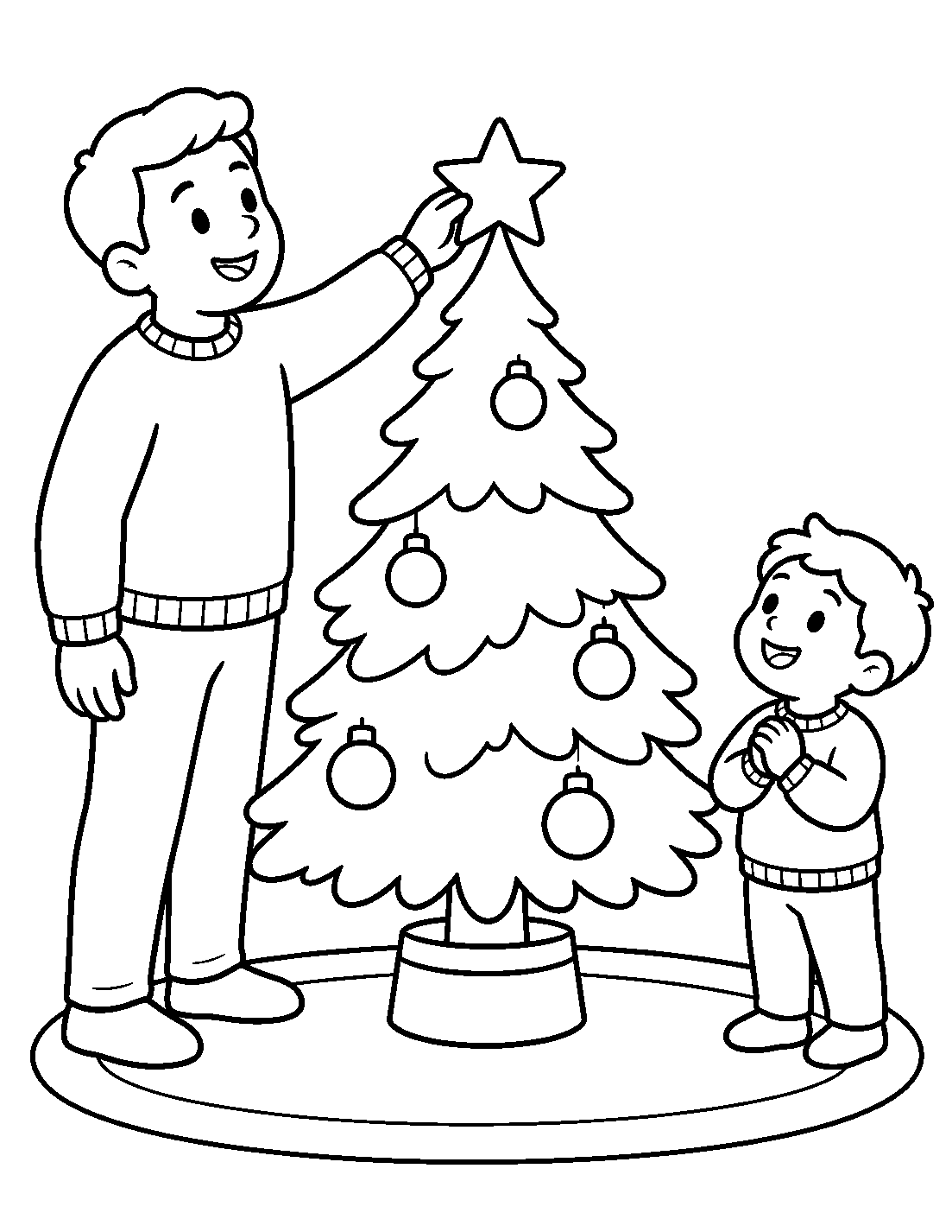A family placing a star on their Christmas tree.