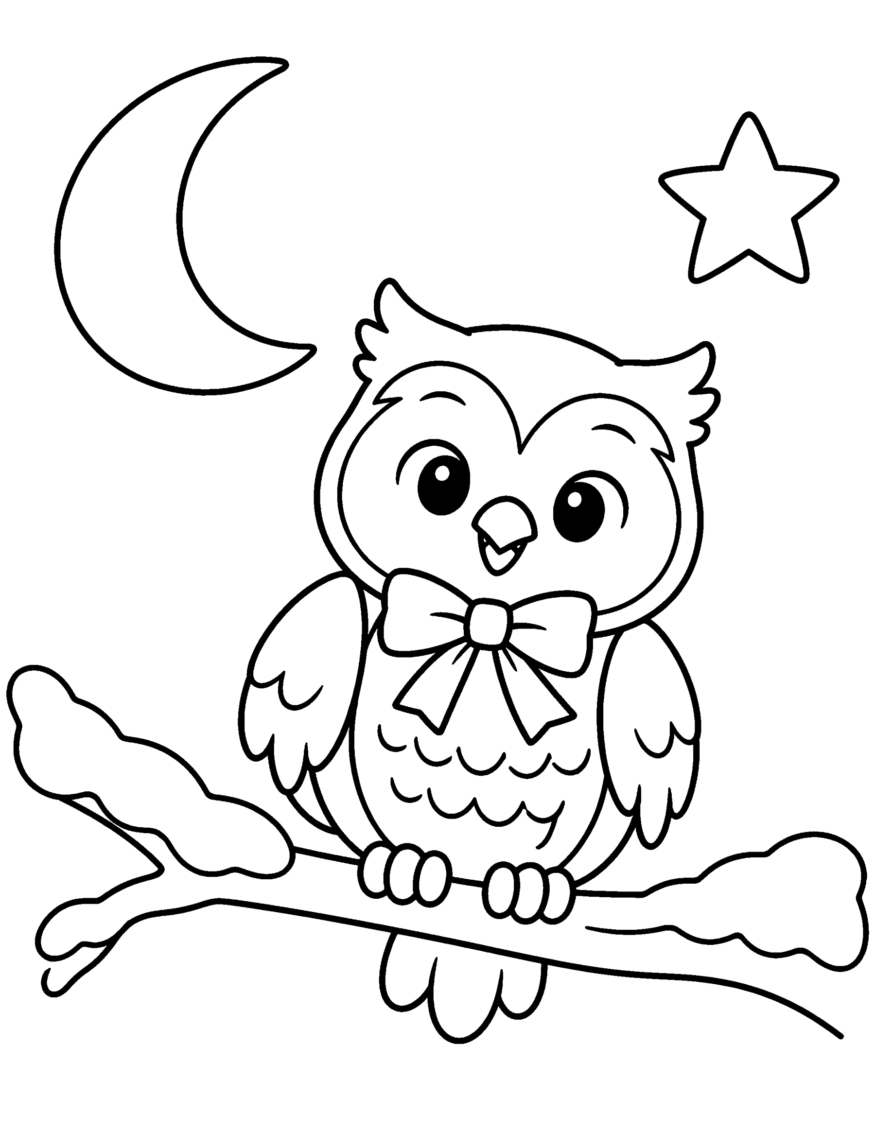 A friendly owl on a branch beneath the moon and a star.