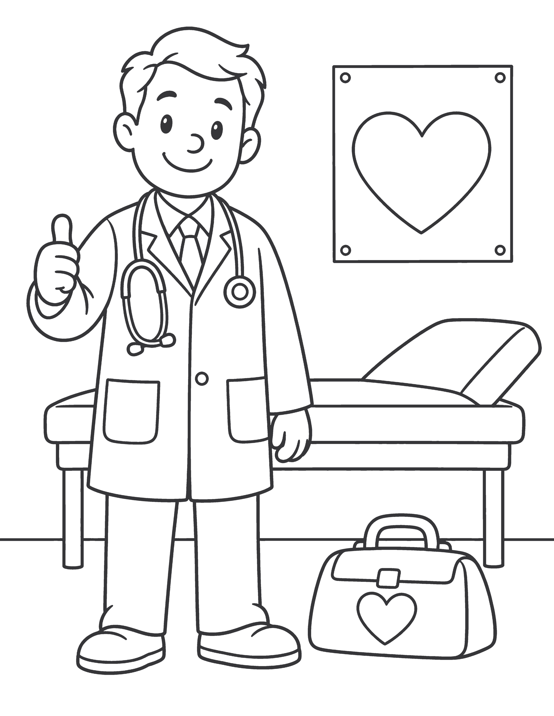 A friendly doctor with a medical bag and examination table.