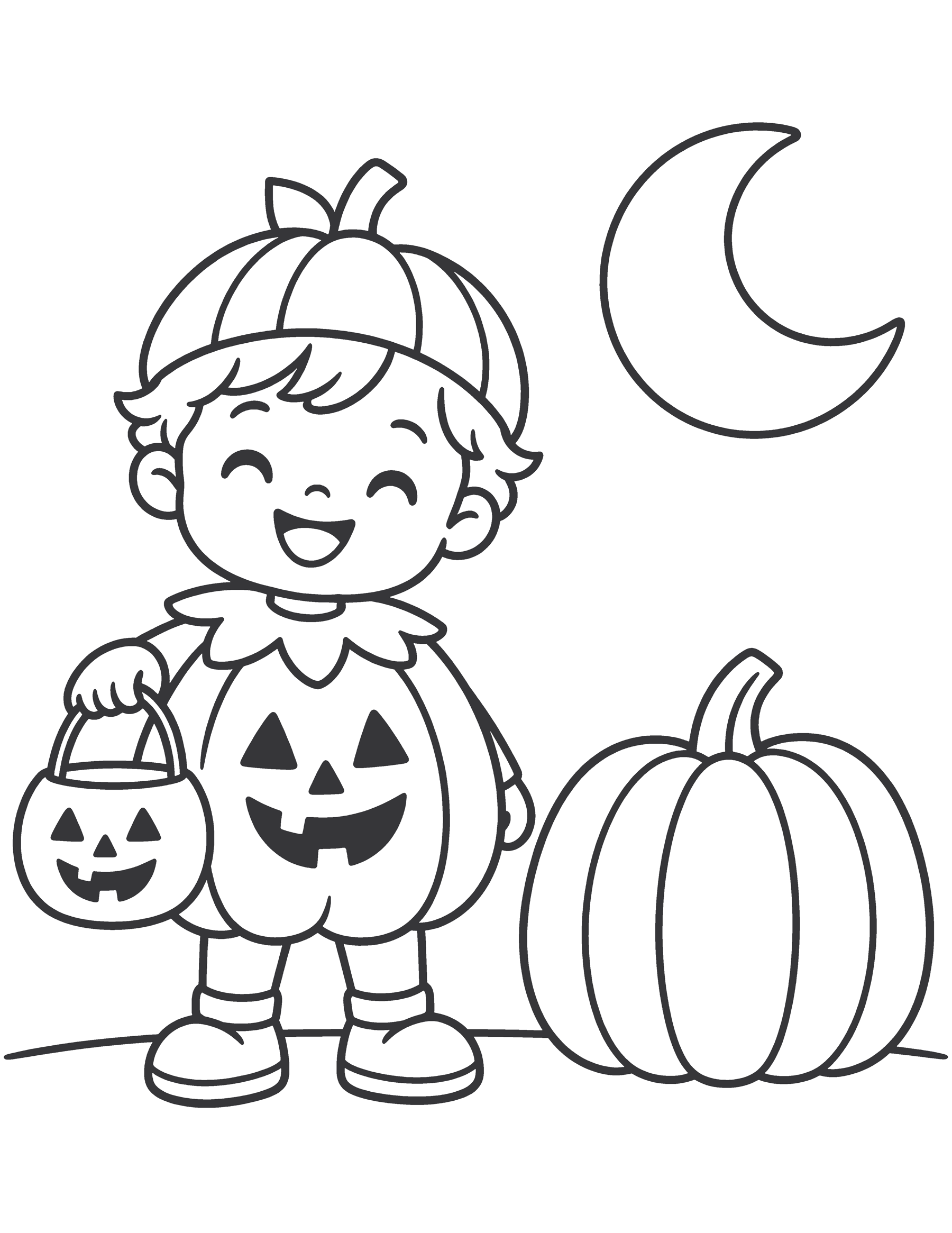 A child in a pumpkin costume with a pumpkin and crescent moon.